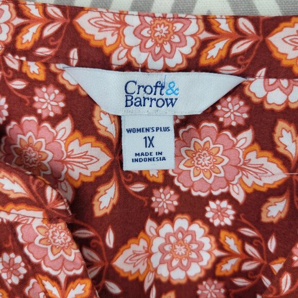 Croft Barrow Top Plus Size 1X Top Pink Floral Casual Comfort 3/4 Sleeve V Neck - Picture 5 of 6